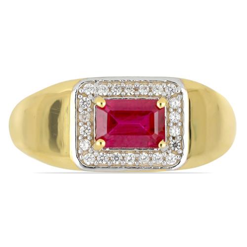 BUY 14K GOLD NATURAL GLASS FILLED RUBY GEMSTONE HALO RING WITH WHITE DIAMOND